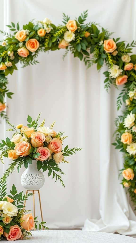 35 Stunning Olive Green Wedding Theme Color Schemes A beautiful wedding setup with olive green and peach flowers arranged in a decorative arch and a vase.