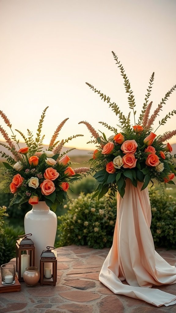 35 Stunning Olive Green Wedding Theme Color Schemes An outdoor wedding setup featuring peach roses and olive green foliage during sunset.