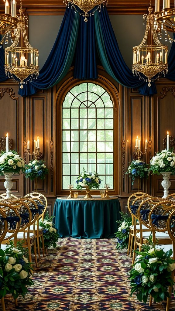 35 Stunning Olive Green Wedding Theme Color Schemes Elegant wedding venue with olive green and royal blue decor.