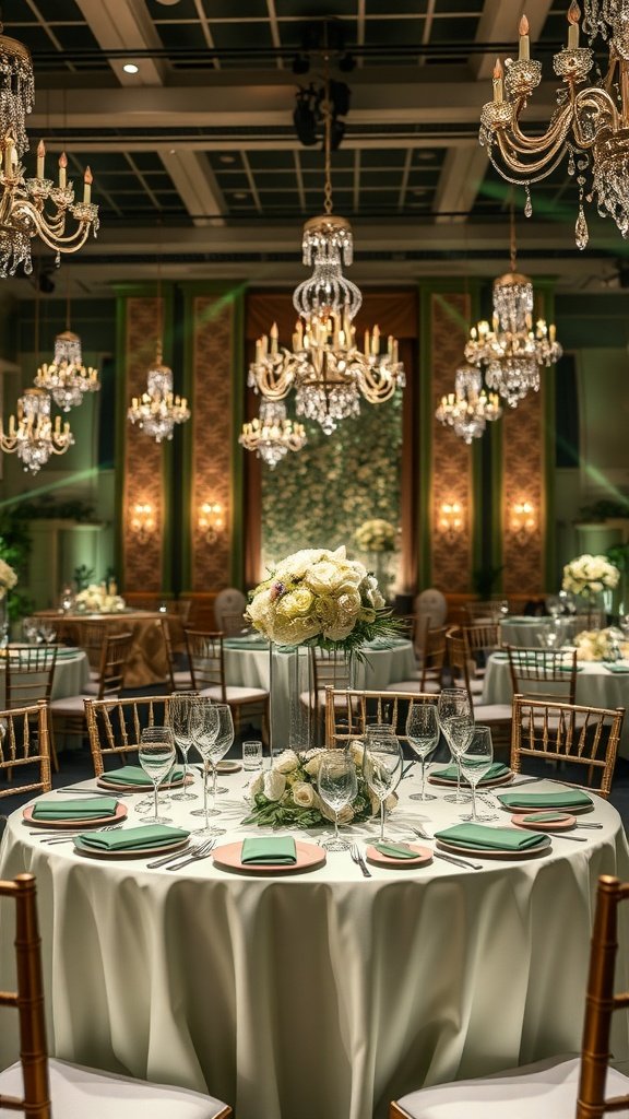 35 Stunning Olive Green Wedding Theme Color Schemes Elegant wedding reception with olive green and silver decorations, featuring chandeliers and floral arrangements.