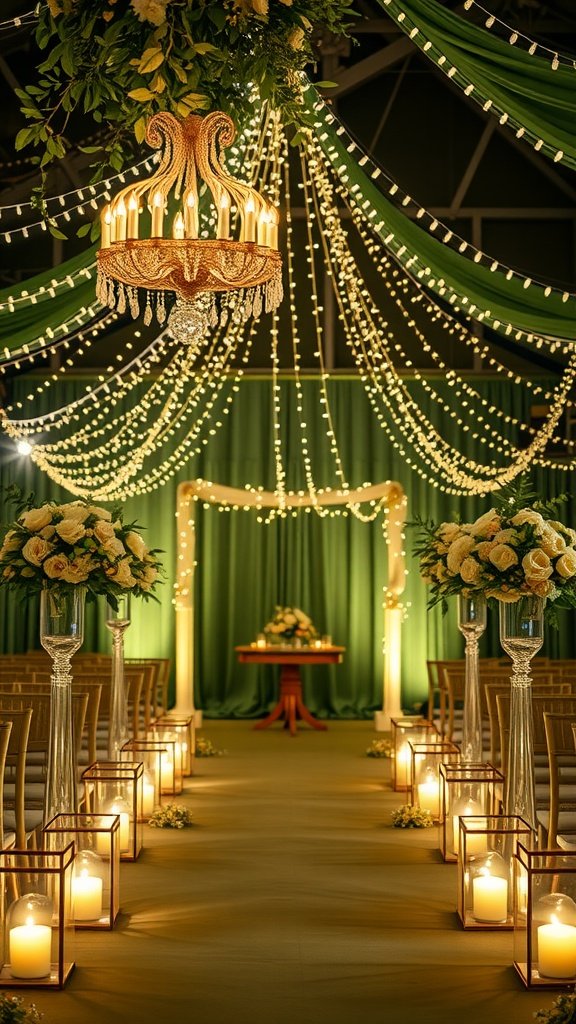 35 Stunning Olive Green Wedding Theme Color Schemes Wedding venue decorated with olive green and soft white lighting, featuring roses and candles