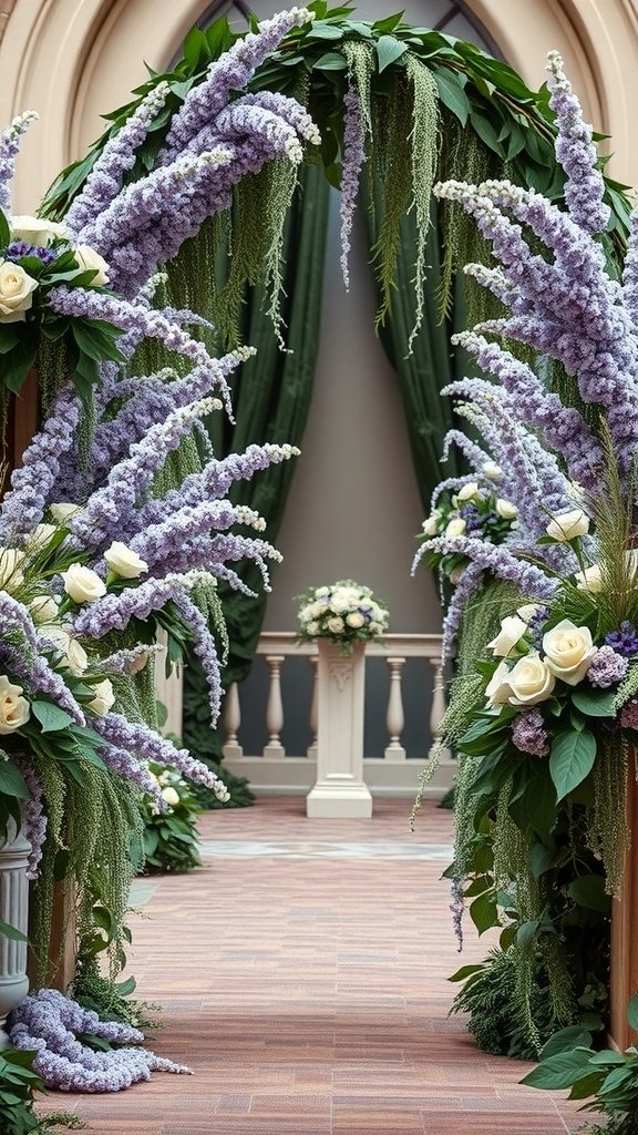 35 Stunning Olive Green Wedding Theme Color Schemes Wedding decor featuring olive green and lavender flowers in an archway