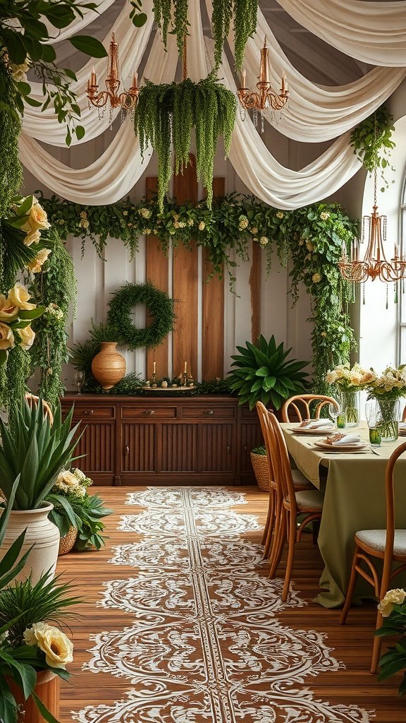 35 Stunning Olive Green Wedding Theme Color Schemes A cozy wedding setup featuring olive green decor, lace draping, floral arrangements, and rustic wooden elements.