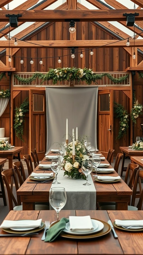 35 Stunning Olive Green Wedding Theme Color Schemes A rustic wedding setup featuring olive green and wooden elements with candles and floral arrangements.