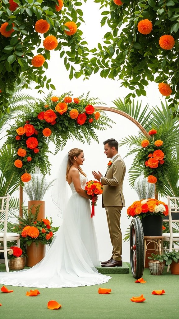 35 Stunning Olive Green Wedding Theme Color Schemes A couple standing under an arch decorated with orange flowers, surrounded by greenery.