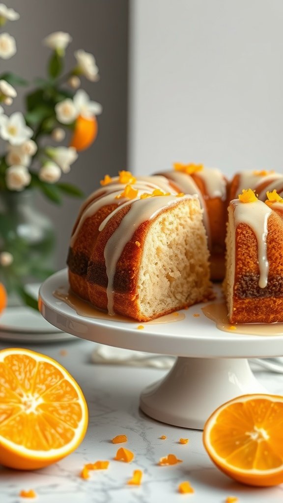 A beautifully decorated orange blossom cake on a stand, surrounded by fresh oranges and flowers.