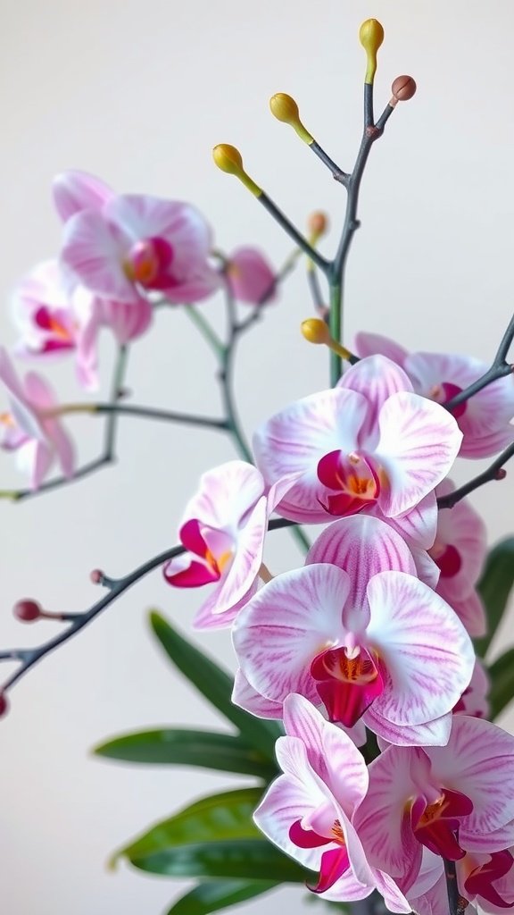 A close-up of pink and white orchids with green leaves.