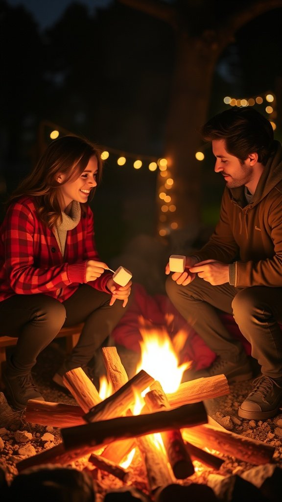 Couple roasting marshmallows over a bonfire, surrounded by glowing string lights.