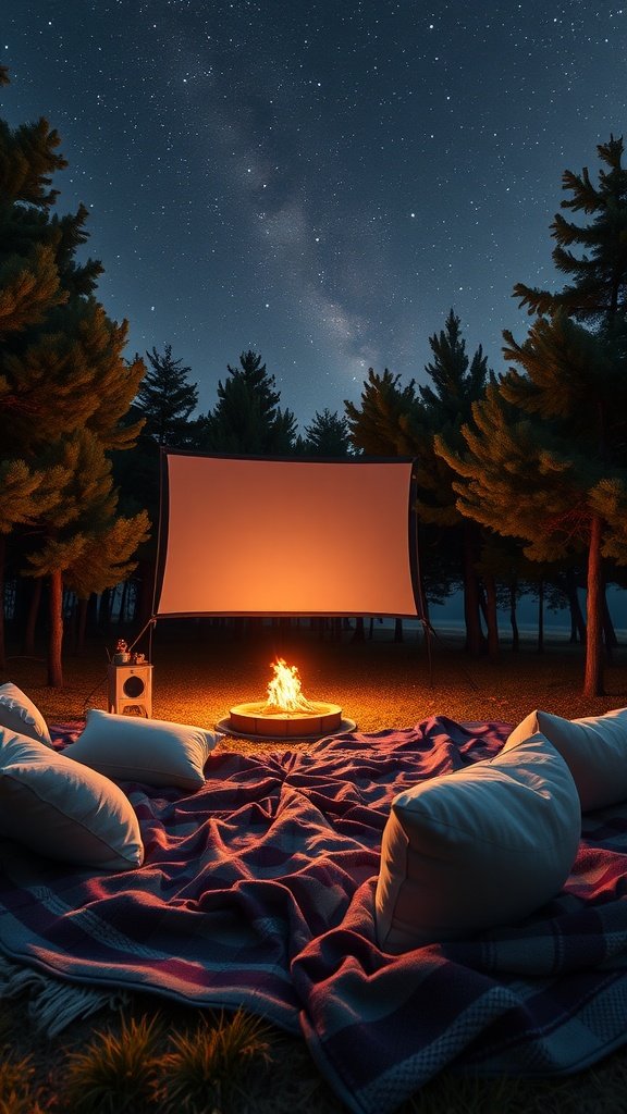 A cozy outdoor movie setup with a screen, fire pit, and pillows under a starry sky. Double Date Ideas
