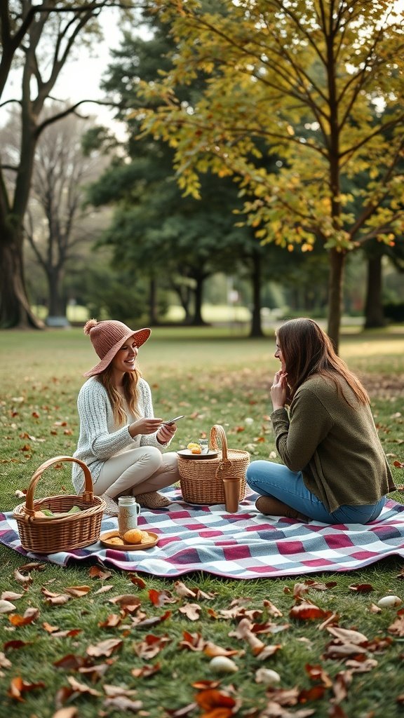 Two friends enjoying an outdoor picnic in a park, sitting on a checkered blanket surrounded by autumn leaves.