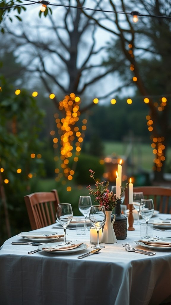 A beautifully set outdoor table for Valentine's Day with string lights and a romantic vibe.