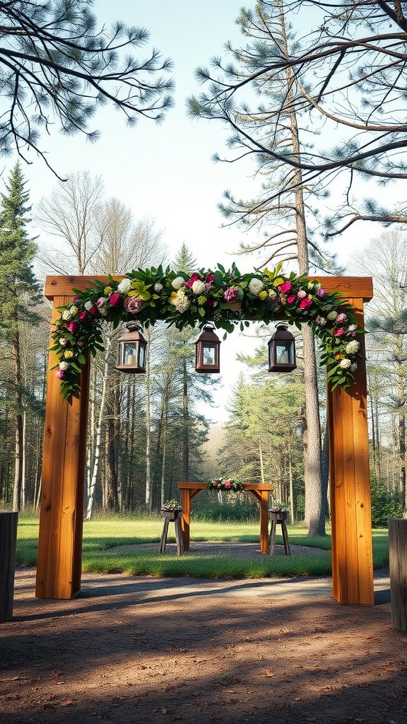 A rustic pallet wood wedding arch adorned with lanterns and flowers in a forest setting.