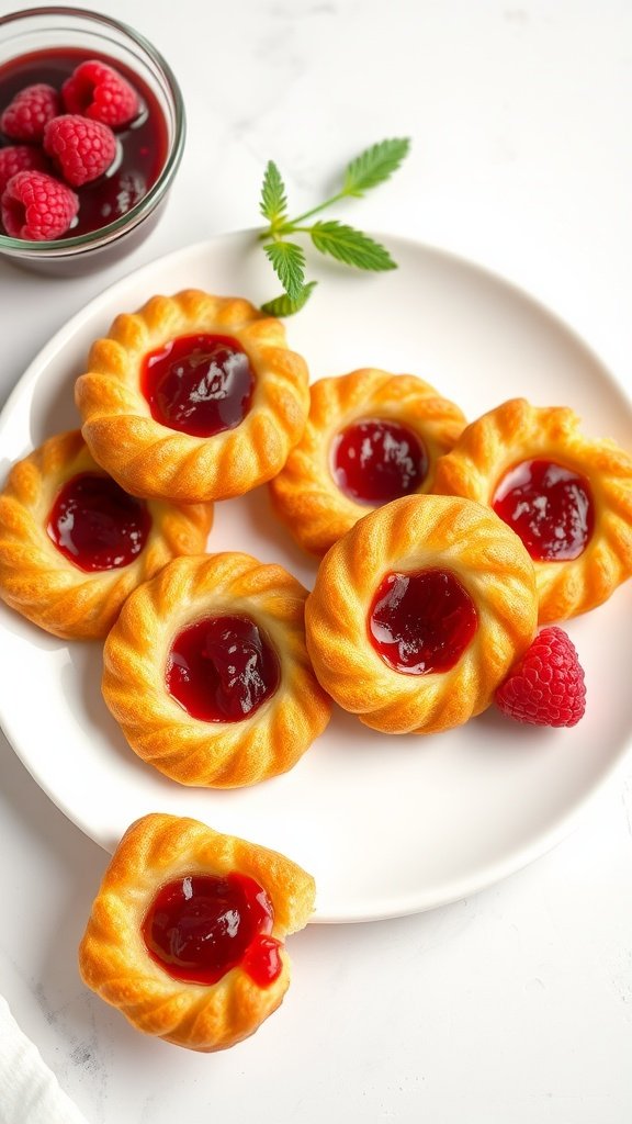 Flaky palmiers with raspberry filling arranged on a plate