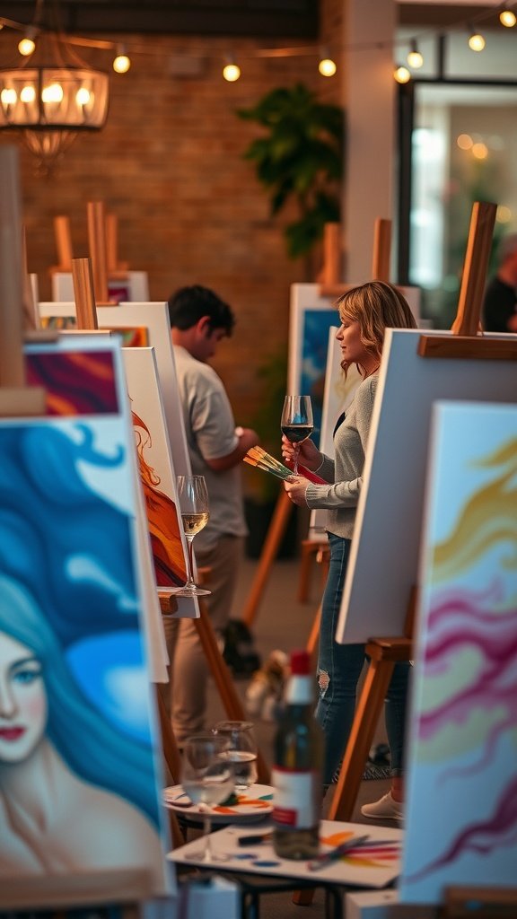A wine and paint night with participants engaged in painting, showcasing creativity and enjoyment.