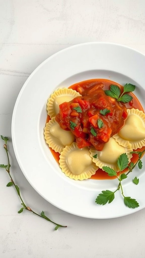 Heart-shaped ravioli with marinara sauce and parsley
