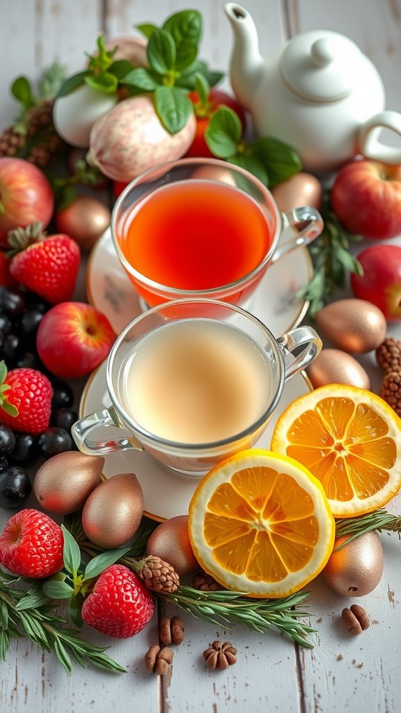 A vibrant display of pastel-colored teas and fresh fruits for an Easter tea party.