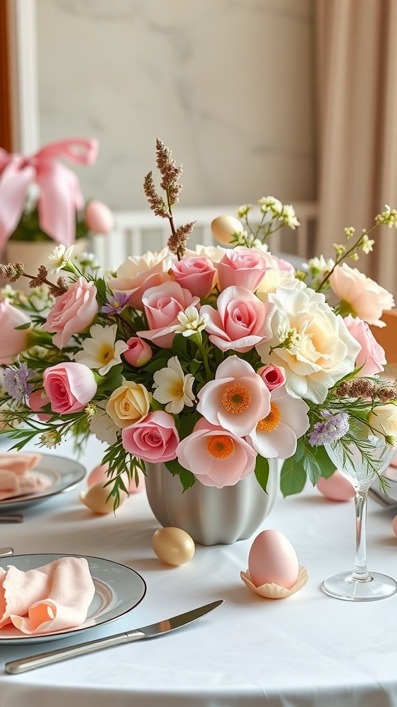 A beautiful pastel floral centerpiece with roses and daisies on a white table, surrounded by pastel eggs.
