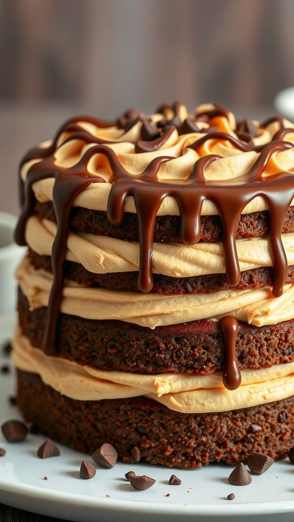 A tall Peanut Butter Chocolate Cake with layers of chocolate and peanut butter frosting, topped with chocolate ganache and chocolate chips.