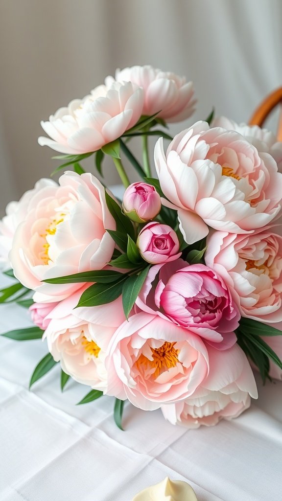 A close-up of a bouquet featuring various pink peonies, with soft petals and green leaves on a white table.