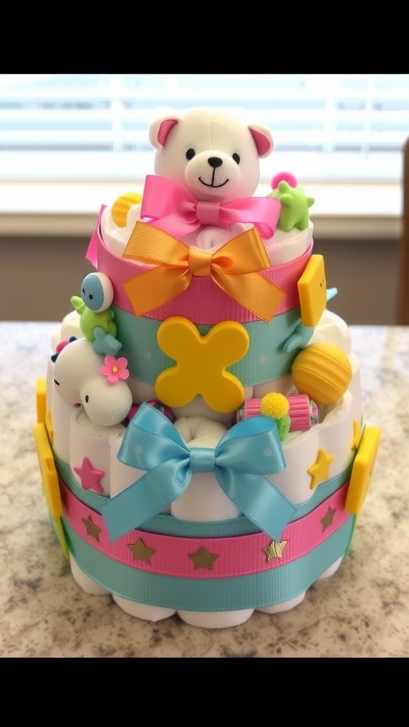 A colorful mini diaper cake decorated with ribbons and cute animal figures.