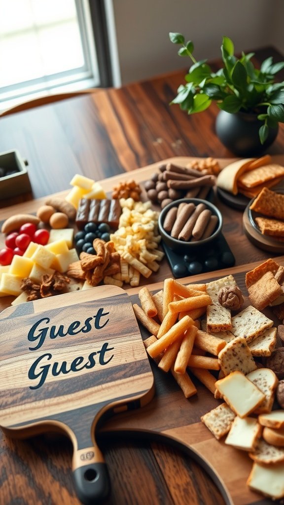 A personalized grazing board filled with various snacks, including cheese, crackers, and sweets, with a wooden board labeled 'Guest Guest.'