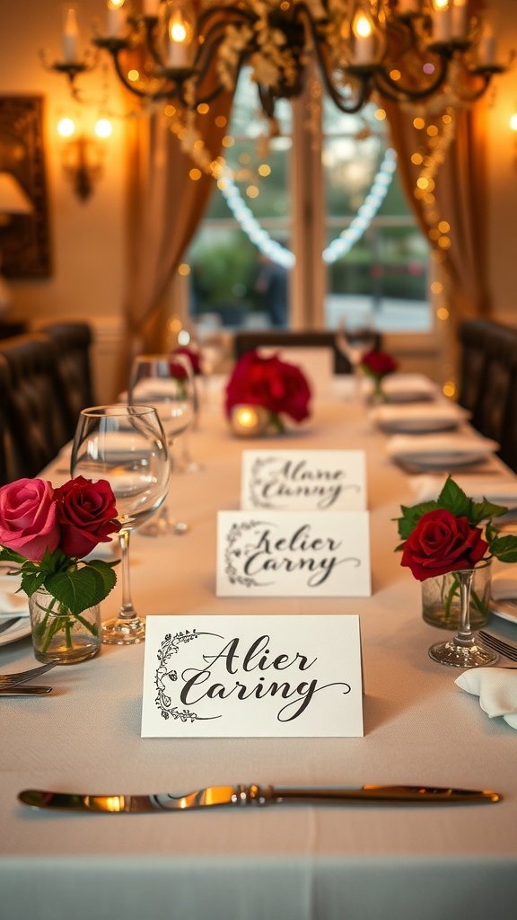 Elegant table setting for Valentine's Day with personalized place cards and roses