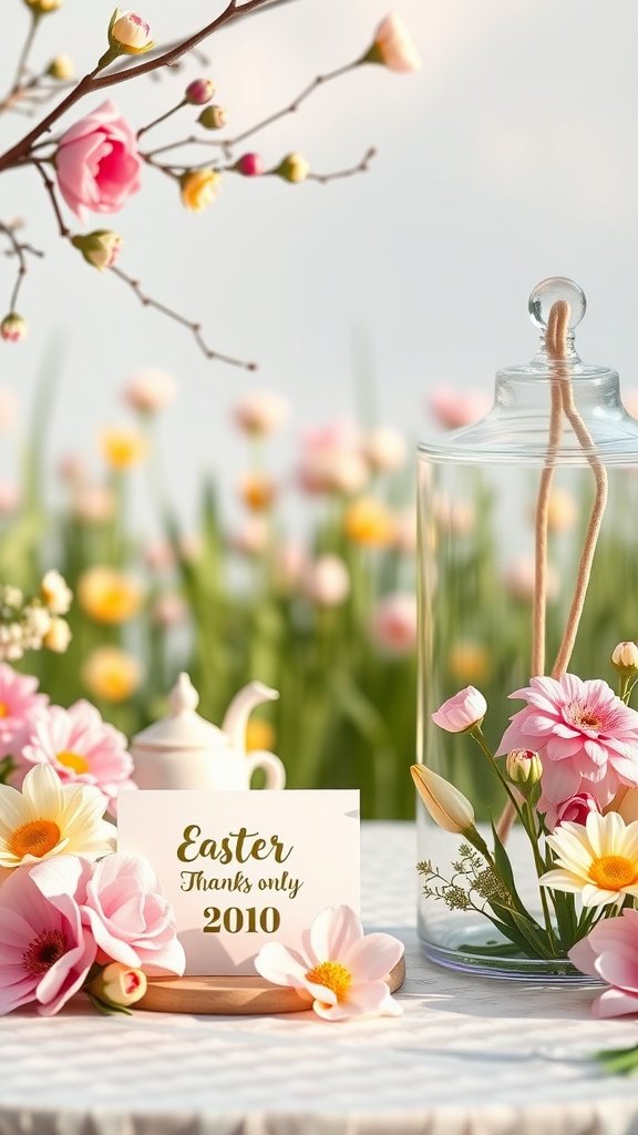 A beautifully arranged Easter thank you note with flowers and a teapot in a garden setting.