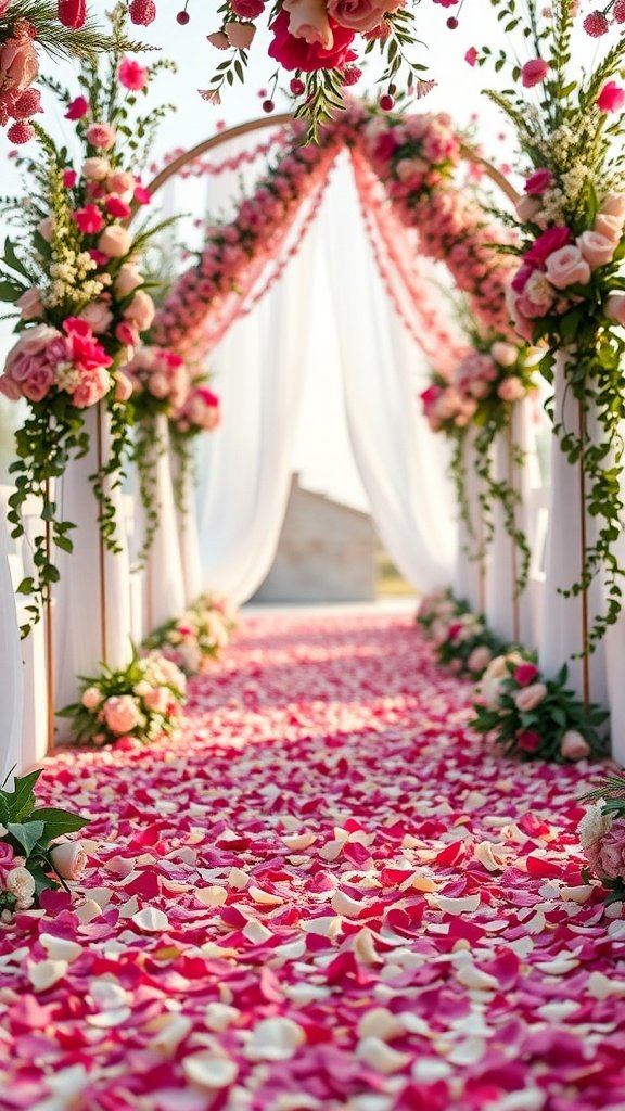 A wedding walkway adorned with pink and white flower petals, framed by elegant floral arrangements.