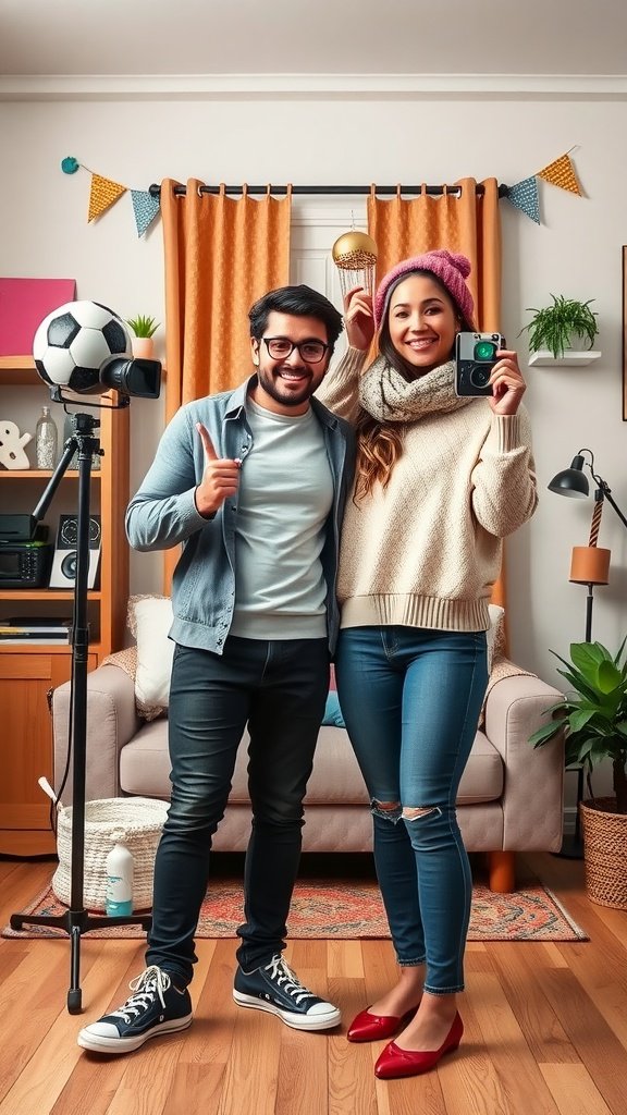 A couple having fun during a photo shoot with props like a soccer ball and a golden trophy.