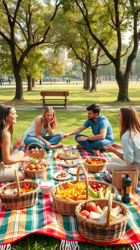 Friends enjoying a picnic at the park with food and drinks. Double Date Ideas