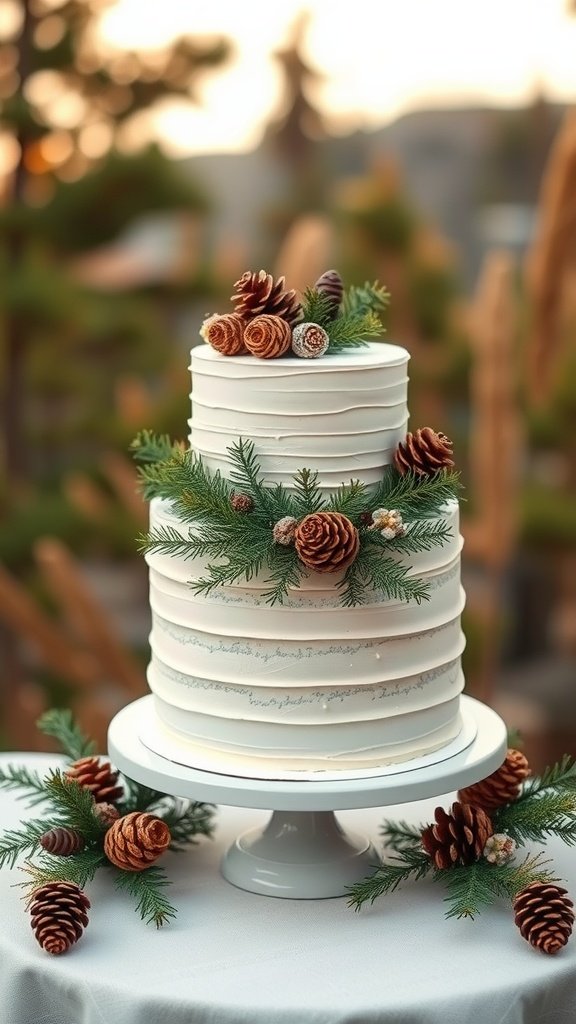 35 Enchanting Forest Wedding Cake Recipes for Your Dream Celebration A beautifully decorated three-tiered cake adorned with pine branches and pine cones, perfect for a forest wedding theme.