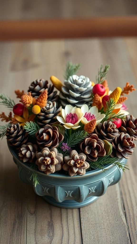 A beautiful arrangement of pinecones and colorful flowers in a decorative bowl.
