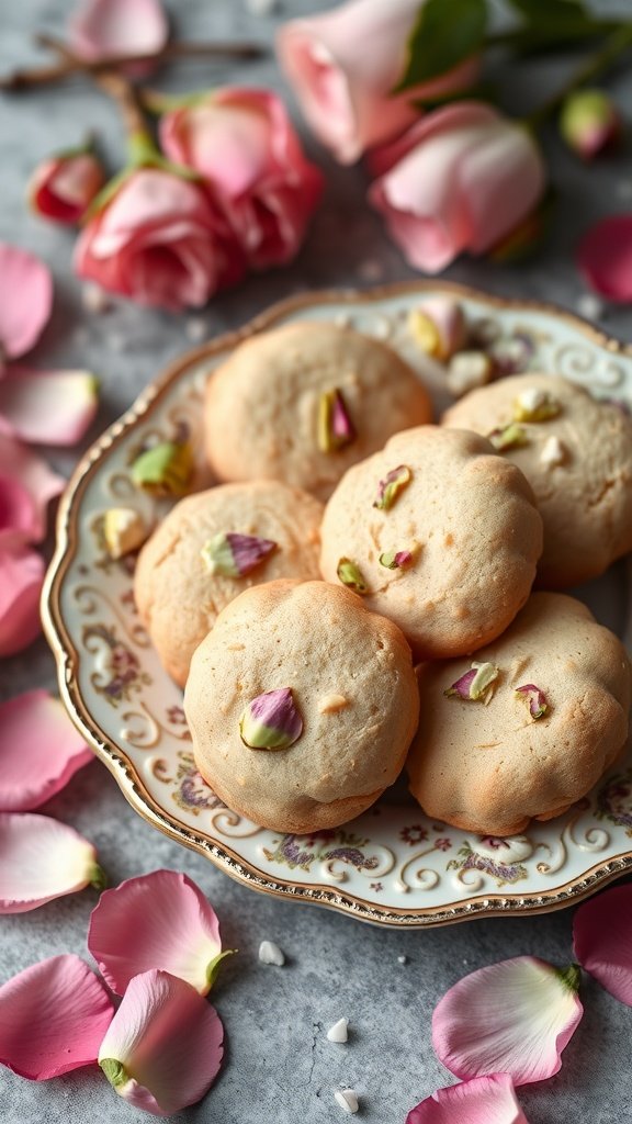 Pistachio and rose water cookies on a decorative plate with rose petals