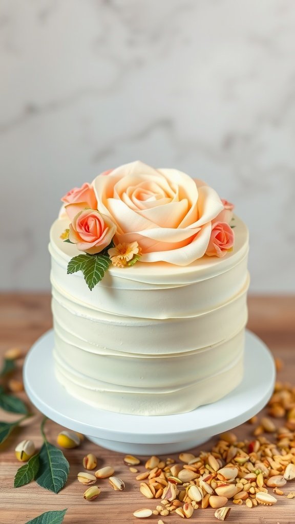 Pistachio rose cake with decorative flowers and nuts