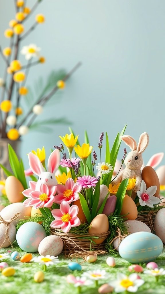 A colorful Easter table centerpiece featuring flowers, decorative eggs, and bunny figures.