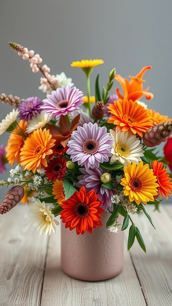 A vibrant winter flowers bouquet featuring orange, purple, and yellow blooms arranged in a pink vase.