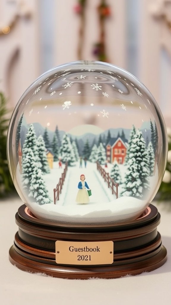 A decorative snow globe acting as a guestbook for a winter wedding, featuring a snowy landscape with a house and trees.
