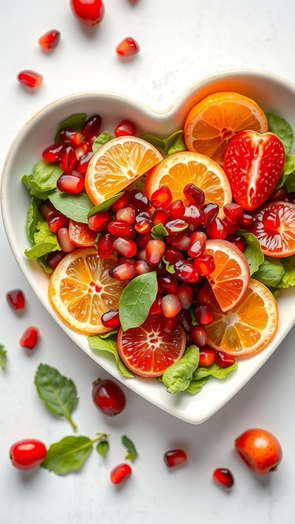 Pomegranate and citrus salad in a heart-shaped bowl with fresh greens and colorful fruits. Valentine’s Day Food Ideas