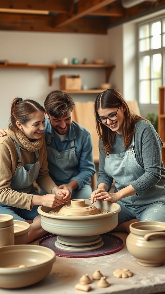 A pottery making workshop with three individuals happily working on clay.