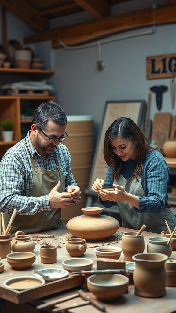 A couple enjoying a pottery workshop, shaping clay pieces together.
