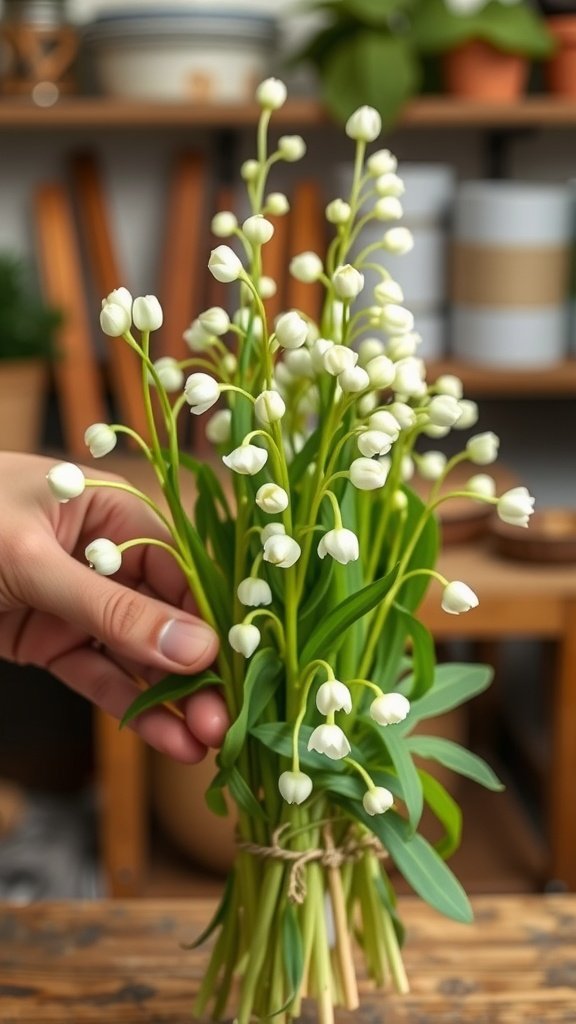A hand holding a bouquet of baby’s breath flowers, ready for arrangement.