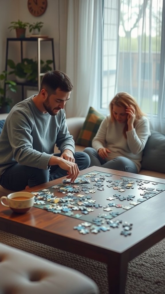 Couple enjoying a puzzle challenge on a cozy evening. Indoor Date Ideas