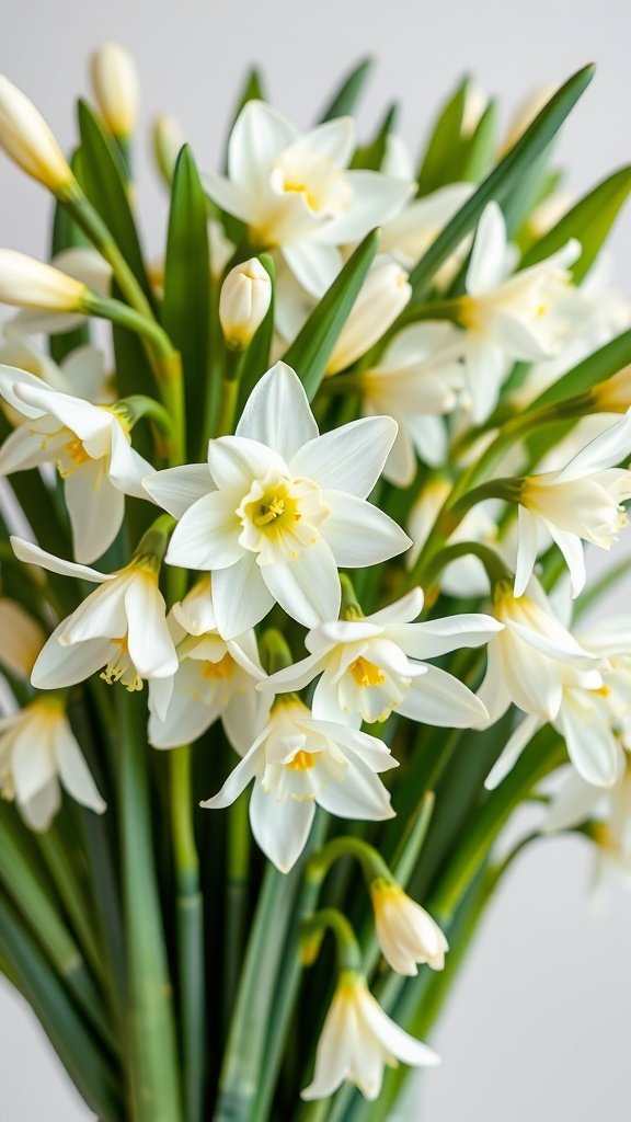 A bouquet of Paperwhite Narcissus flowers with white petals and yellow centers, surrounded by green leaves.