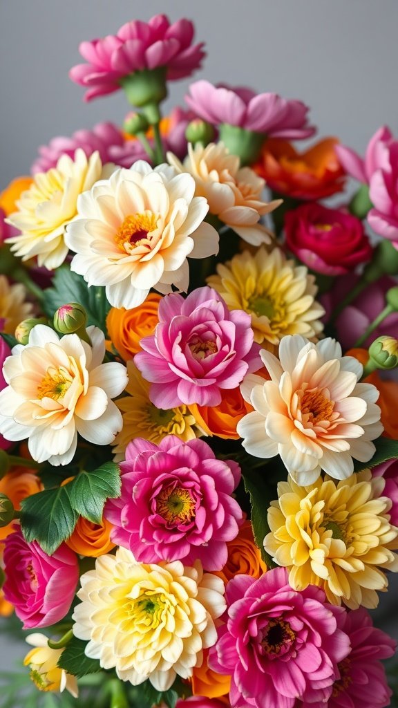 A vibrant bouquet of ranunculus flowers in shades of pink, yellow, and white