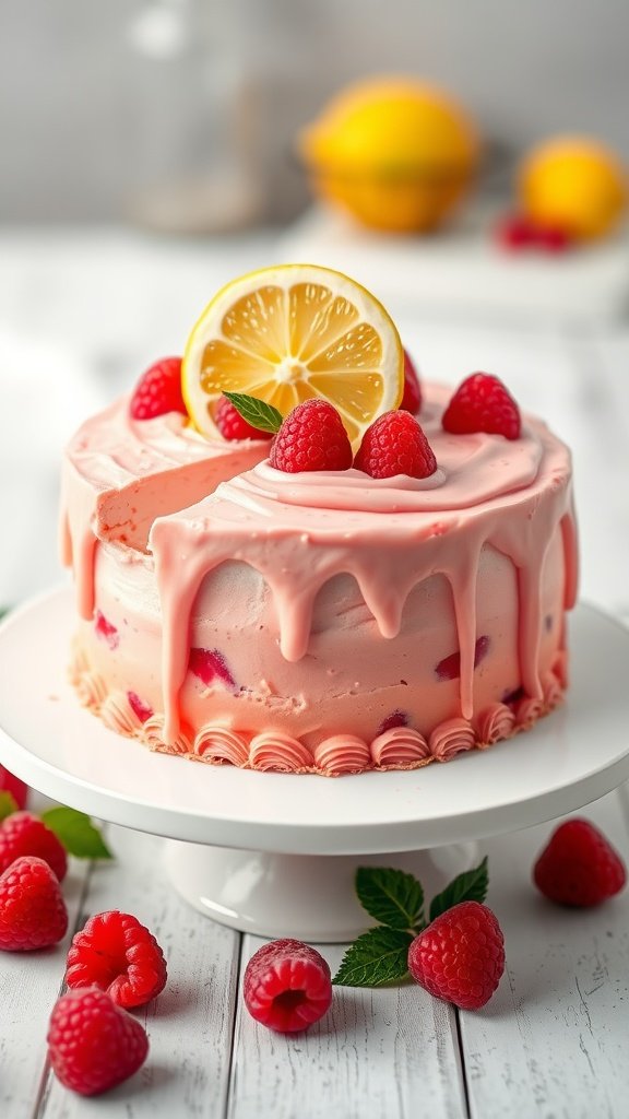 A beautifully decorated Raspberry Lemonade Cake topped with fresh raspberries and a lemon slice, sitting on a white cake stand.