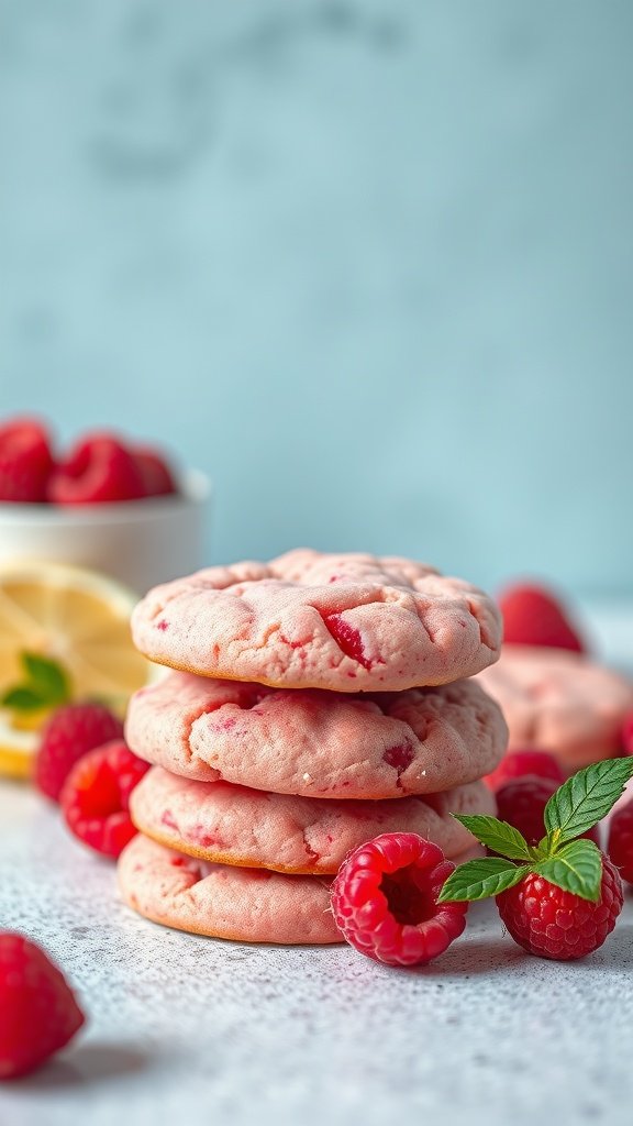 A stack of soft raspberry lemonade cookies, decorated with fresh raspberries and lemon slices, perfect for an Easter tea party.