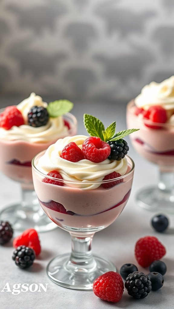 Delicious raspberry mousse cups topped with whipped cream and fresh berries.