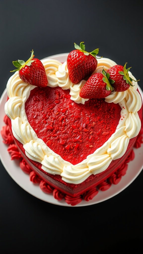 A beautifully decorated Red Velvet Heart Cake topped with strawberries and cream frosting.