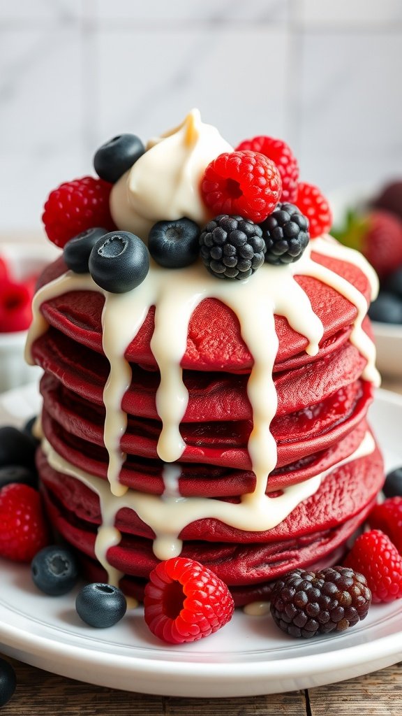 A stack of red velvet pancakes topped with cream cheese drizzle and fresh berries.