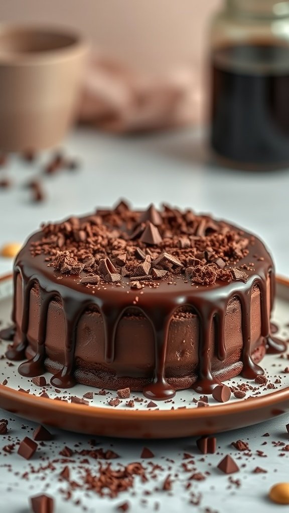 A rich Red Wine Chocolate Cake with a glossy chocolate glaze and chocolate shavings on top, set on a white plate with a blurred background
